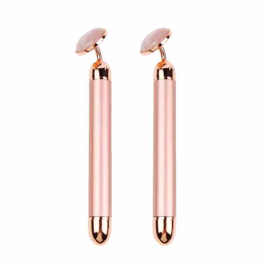 Rose Gold Massage Stick Energy Vibration Face Facial Beauty Bar with Rose Quartz Jade Round Disc